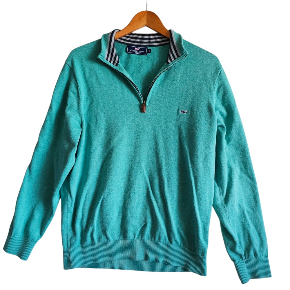 Vineyard Vines 1/4 Zip Pullover Sweater Striped Collar Cotton Blend Large - Picture 2 of 8